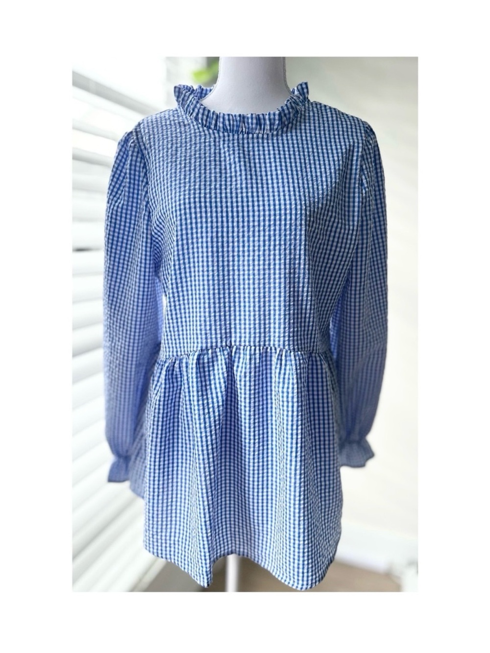 Blue Gingham Long-Sleeve Ruffle Neck Casual Dress
